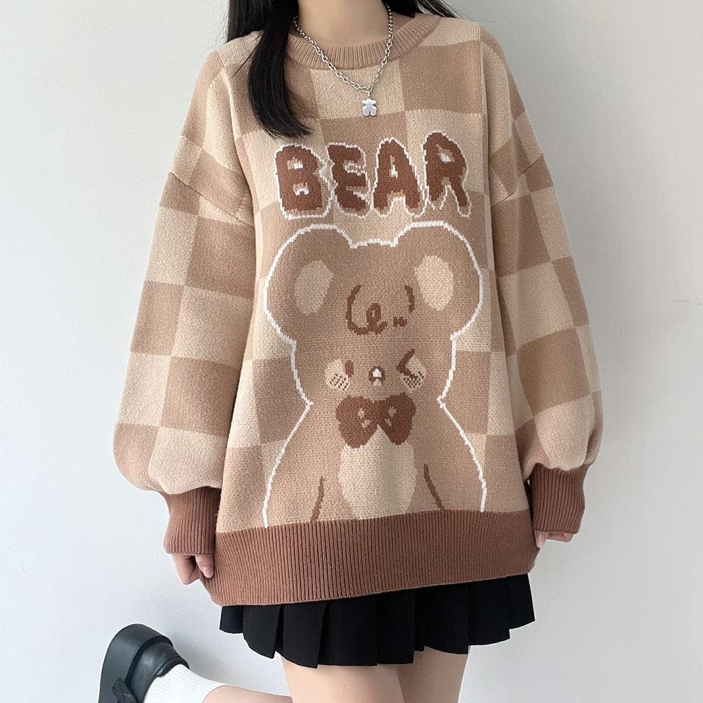 秋冬季新款小熊提花圆领宽松复古可爱软妹毛衣女学生韩版针织衫潮