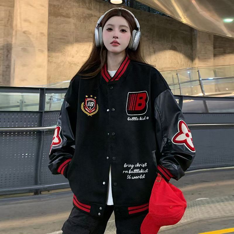 美式复古徽章拼接撞色棒球服外套