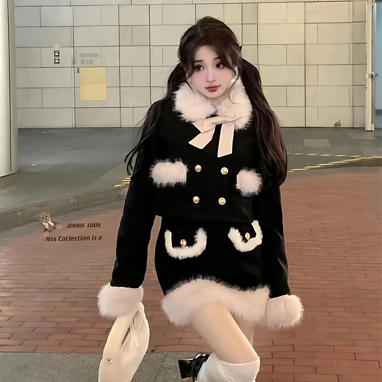 小香风毛毛领夹棉加厚毛呢外套女秋冬套装包臀半身裙短裙子两件套,女装/女士精品,时尚套装,淘宝优惠券,粉丝福利购,淘宝优惠卷