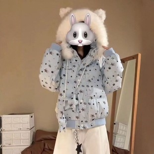 多巴胺星星连帽保暖棉服女冬季 百搭宽松设计感毛领面包服外套 新款