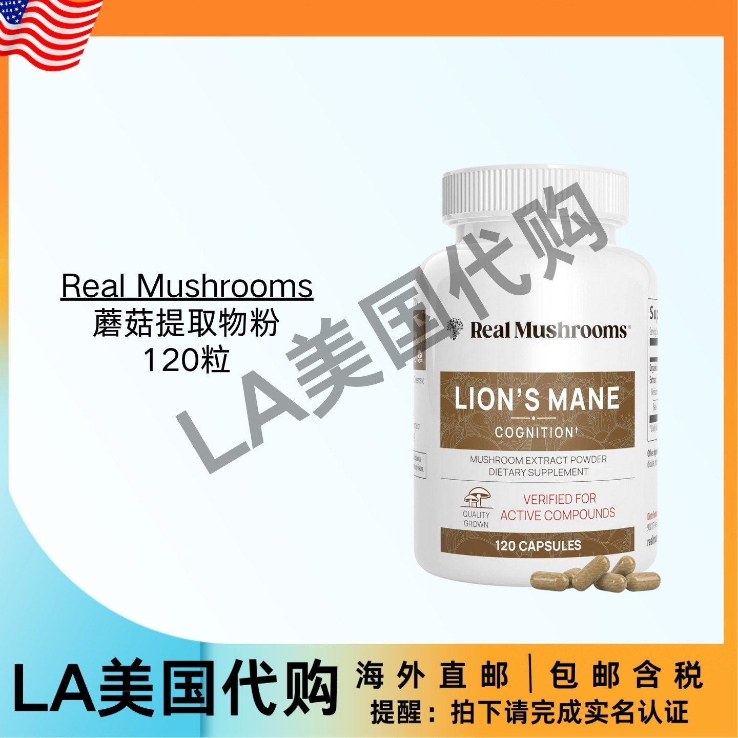 美国直邮Real Mushrooms狮鬃菇认知（120粒胶囊）|脑部补充剂
