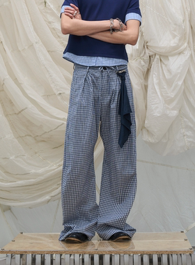 ‘LABEL系列 可拆卸方巾格纹三刀切褶立裁廓形松紧腰绳休闲长裤