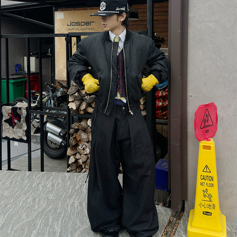 原色双宽褶剑道水洗廓形牛仔裤