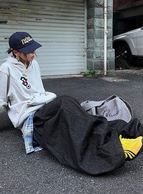 王以太同款 RELABEL可拆卸格纹屁帘裤重工水洗做旧廓形收口牛仔裤