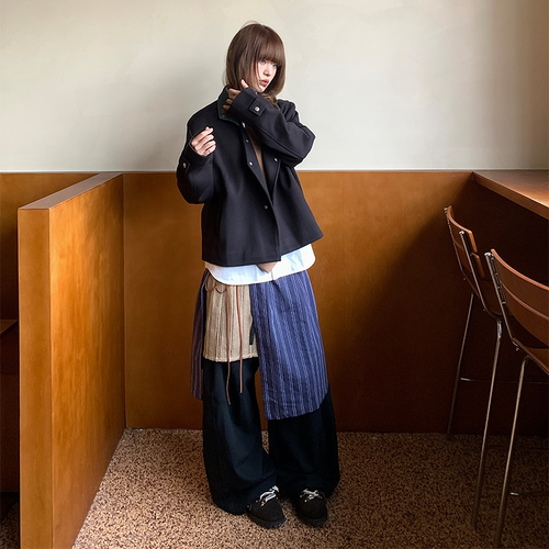 双层色织可拆屁帘弯刀大廓形西裤