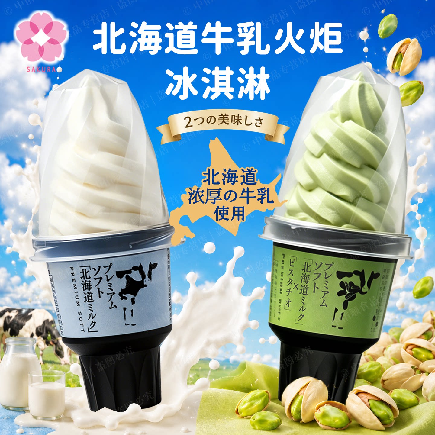 日本原装进口樱花北海道牛乳火炬冰淇淋开心果味蛋筒冰激凌冷饮 - 实物图