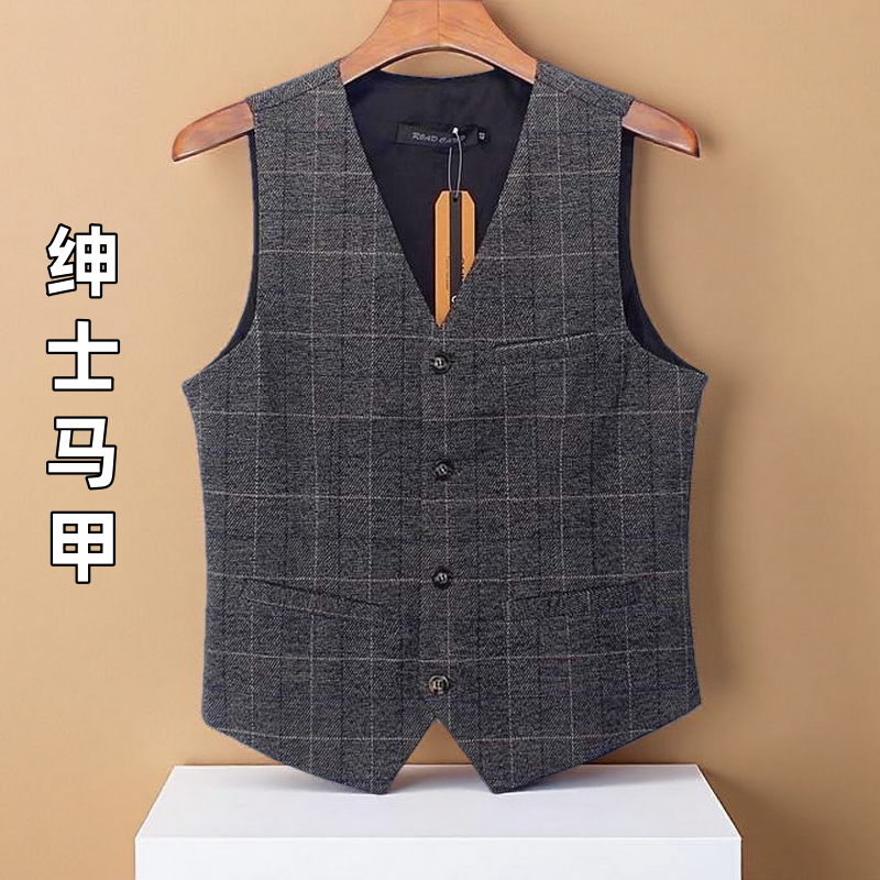 新款英伦复古雅痞男装时尚商务修身格子西装马甲男士休闲礼服马夹