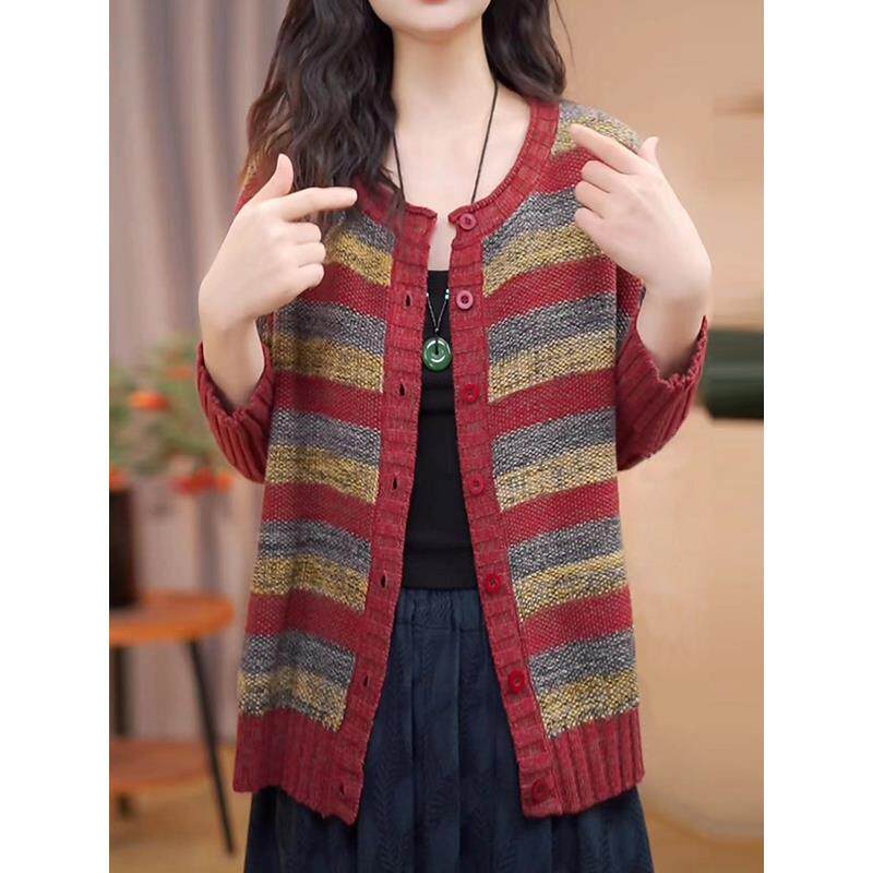 ROUMIKL覆古港风松弛感高级条纹针织外套女秋季新款宽松遮肉显瘦