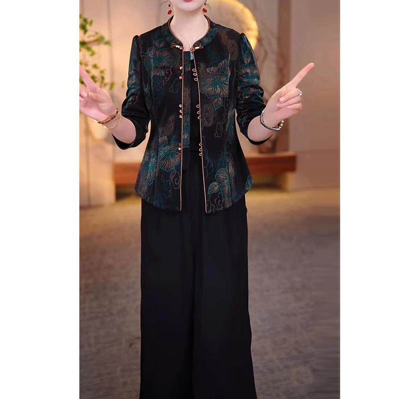 ROUMIKL贵夫人国风气质套装女秋季妈妈新中式精纺外套乔其纱九分
