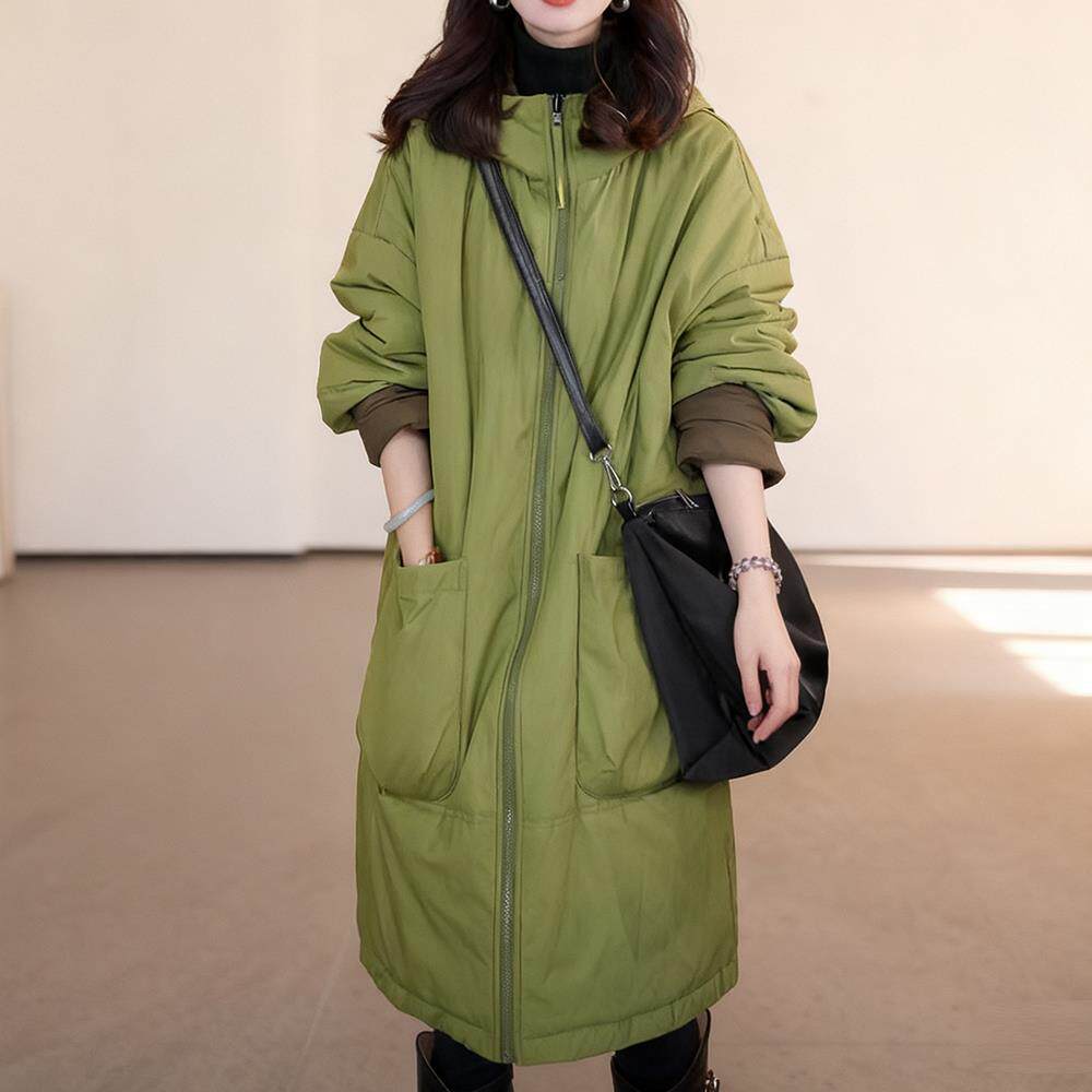 ROUMIKL欧版宽松时尚连帽绿色服外套女冬季轻薄保暖胖妹妹大码时