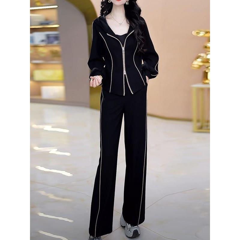 ROUMIKL精致妈妈气质时尚穿搭百搭连帽上衣微喇裤两件套装女秋季2