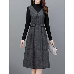 ROUMIKL灰色假两件连衣裙女2025秋季新款中老年妈妈装高档中长款
