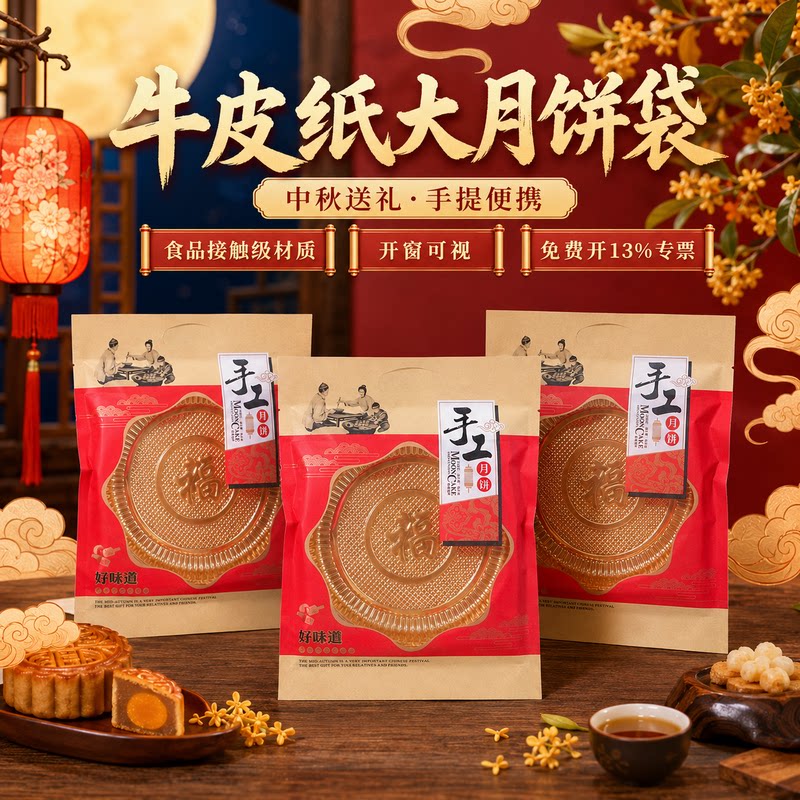 牛皮纸大月饼包装袋手工月饼机封袋1斤2斤3斤礼饼喜饼手提礼品袋