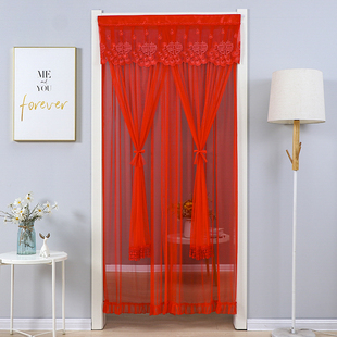 免打孔婚庆用品大红门帘结婚布置婚房门帘卧室喜庆纱蕾丝帘隔断i.