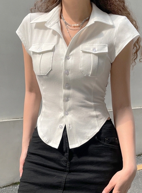 高级感白色polo领正肩短袖t恤女夏季短款气质收腰纯欲风辣妹上衣
