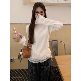韩系白色半高领蕾丝拼接T恤女装秋冬加绒加厚打底衫内搭短款上衣