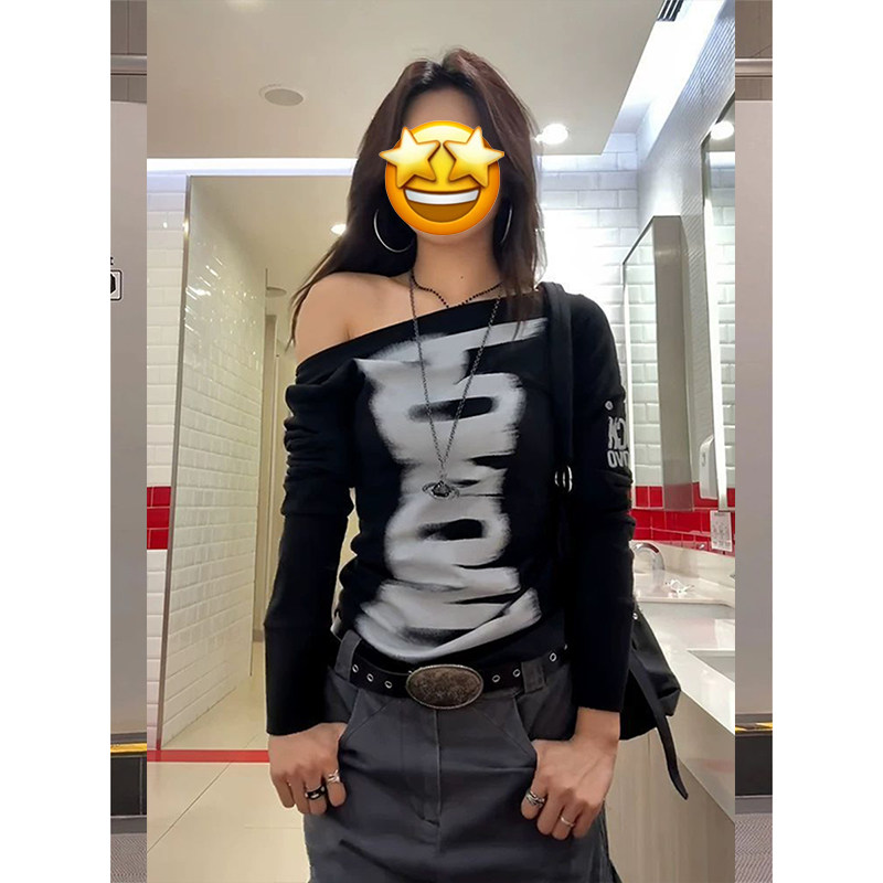 美式甜酷辣妹斜肩长袖t恤女早秋字母印花修身显瘦高街露肩tee上衣,女装/女士精品,T恤,淘宝优惠券,粉丝福利购,淘宝优惠卷