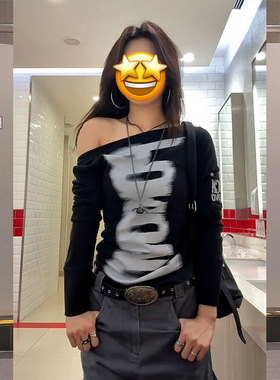 美式甜酷辣妹斜肩长袖t恤女早秋字母印花修身显瘦高街露肩tee上衣