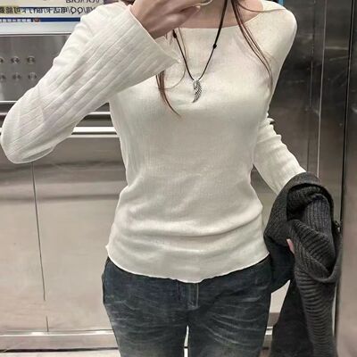 美式辣妹风白色镂空一字肩长袖T