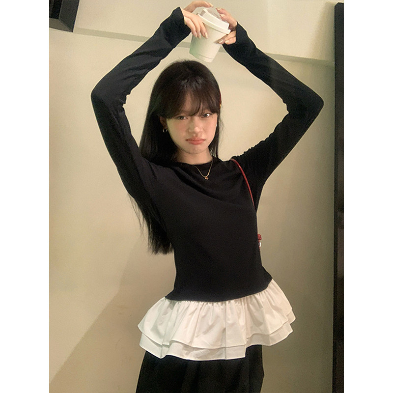 芭蕾风花边拼接黑色长袖t恤女