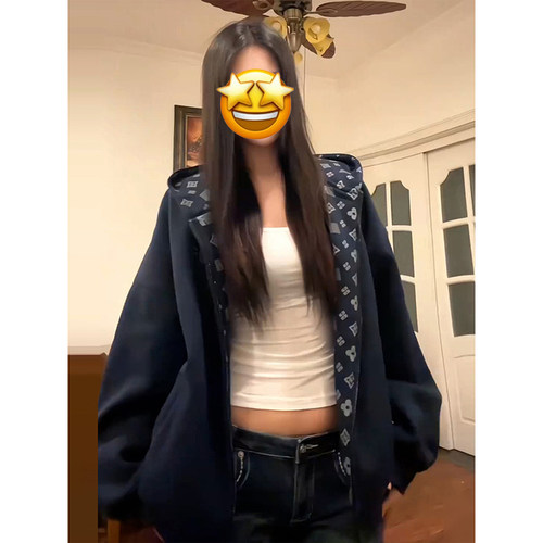 美式复古印花连帽开衫卫衣女秋