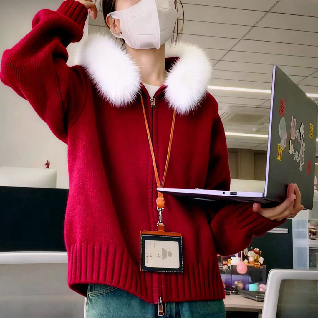 红色毛领针织开衫女外套秋冬新款