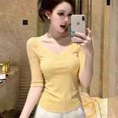 温柔风韩系V领中袖 收腰显瘦打底衫 上衣女早春新款 通勤风黄色修身