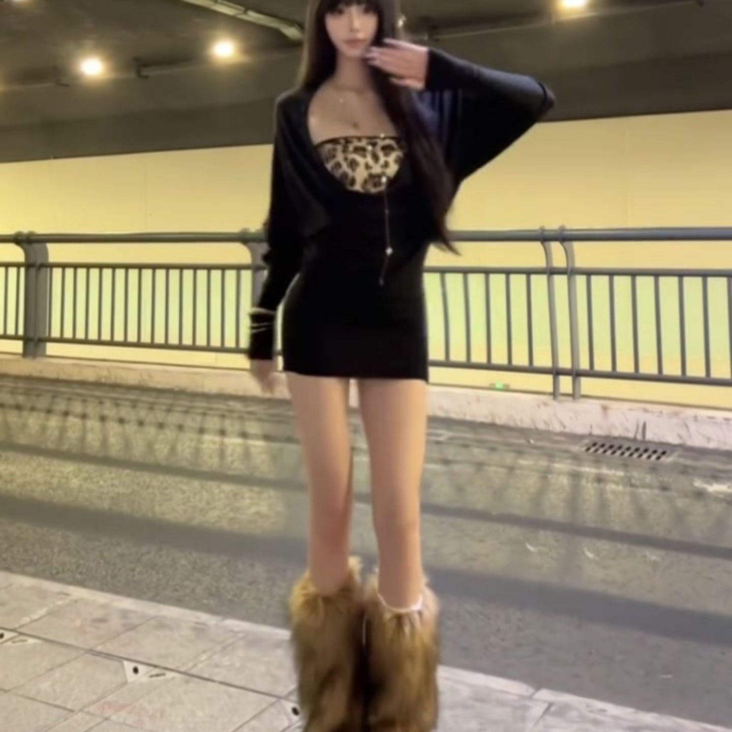 美式辣妹黑色荡领长袖连衣裙女秋