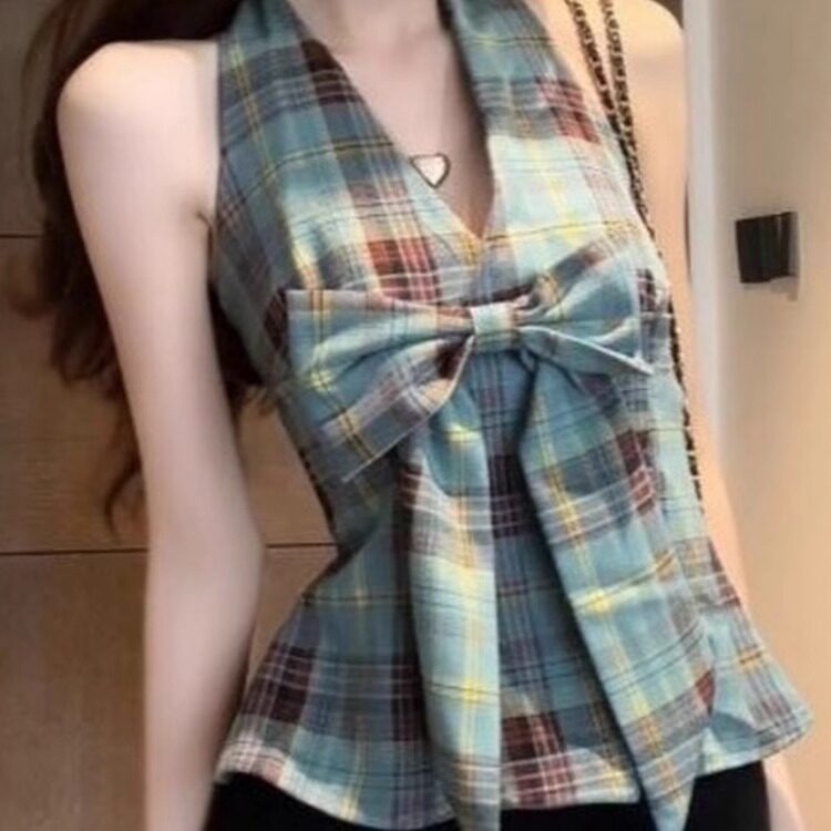 纯欲风撞色格子挂脖衬衫背心女图片