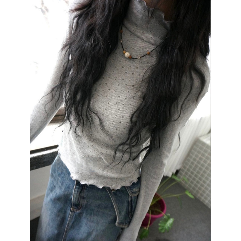 奶灰点点bm风花边小高领长袖T恤