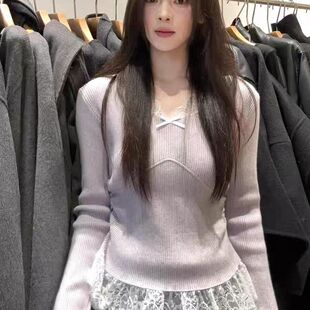 韩系氛围感紫色假两件长袖 小众设计感别致上衣 T恤女2025秋冬新款