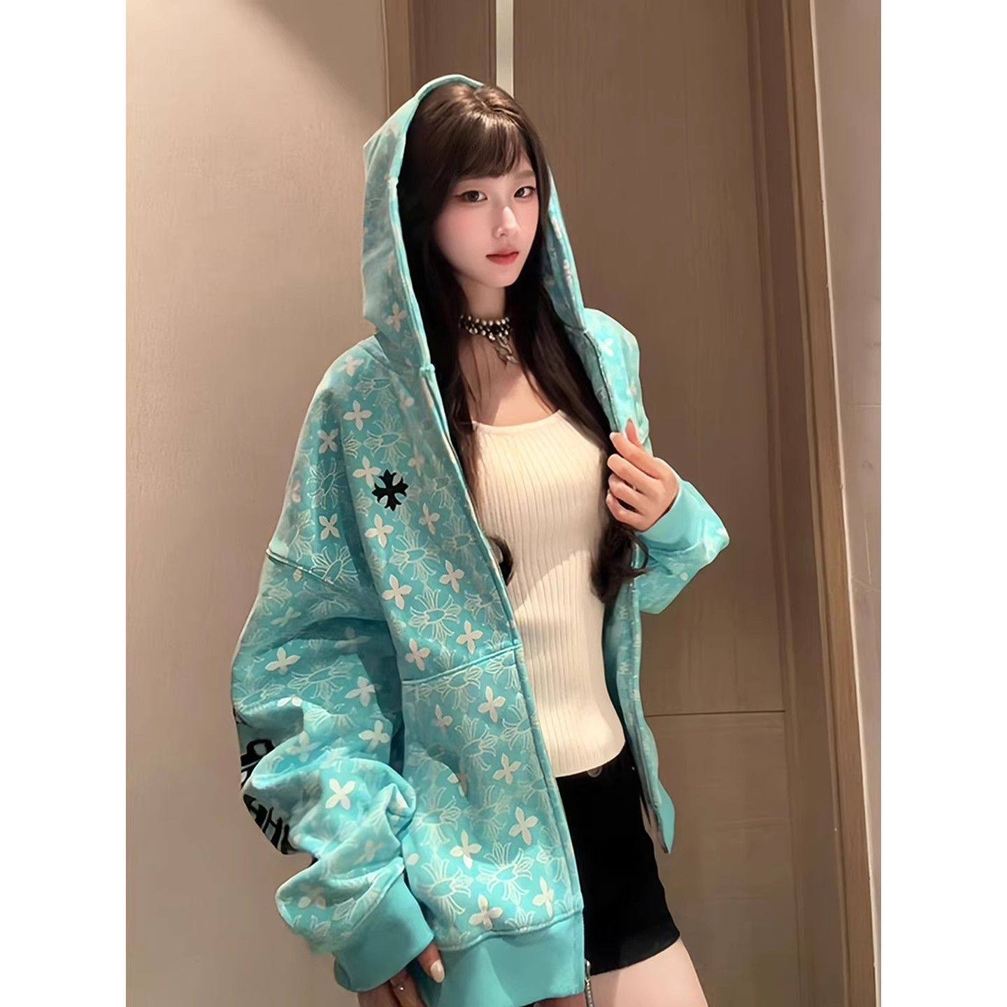 美式hiphop绿色连帽卫衣外套女图片
