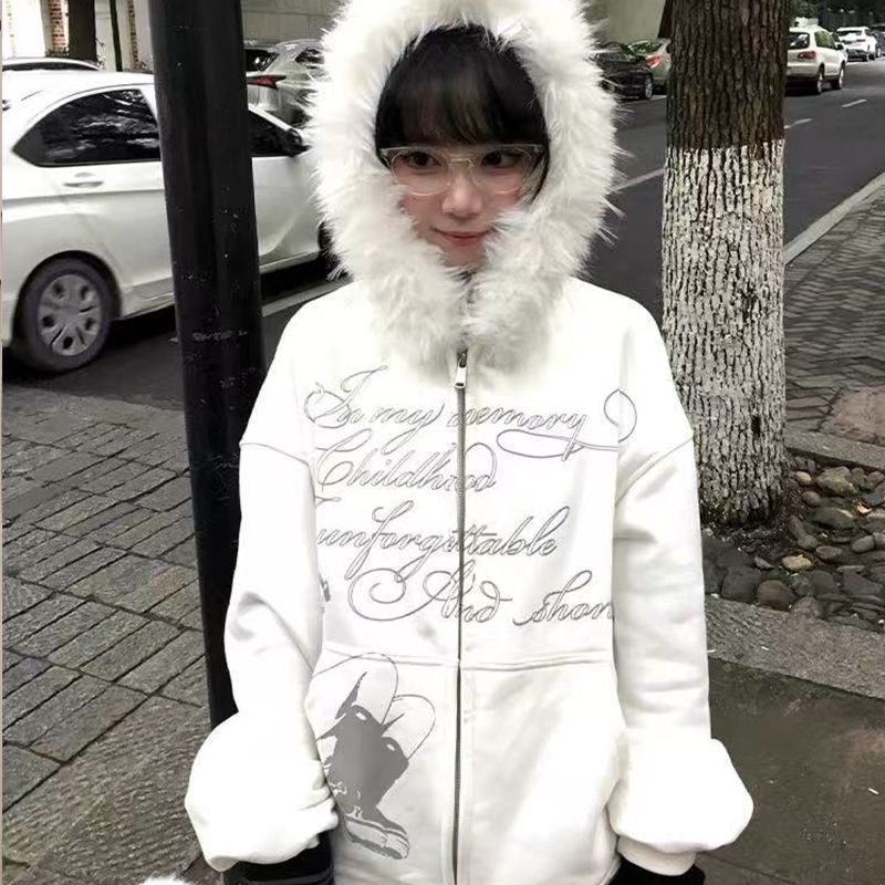 美式高街毛领卫衣外套女2025新款