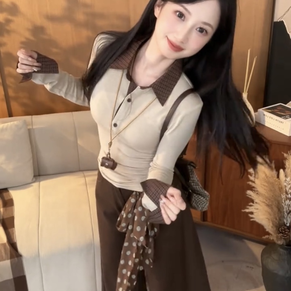 美拉德拼接格子翻领长袖T恤女秋