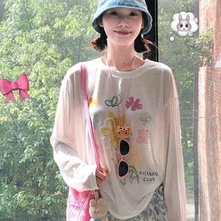 休闲宽松显瘦上衣 雪花棉韩系花卉印花防晒罩衫 长袖 T恤女夏季 薄款