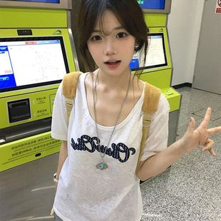 白色薄纱罩衫 韩系chic微透防晒t恤上衣 字母贴布刺绣短袖 女夏薄款