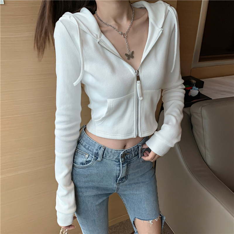 超好看白色辣妹连帽短款上衣女