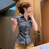 复古格纹polo领短袖 衬衫 女2025夏季 美式 新款 蓝色收腰衬衣显瘦上衣
