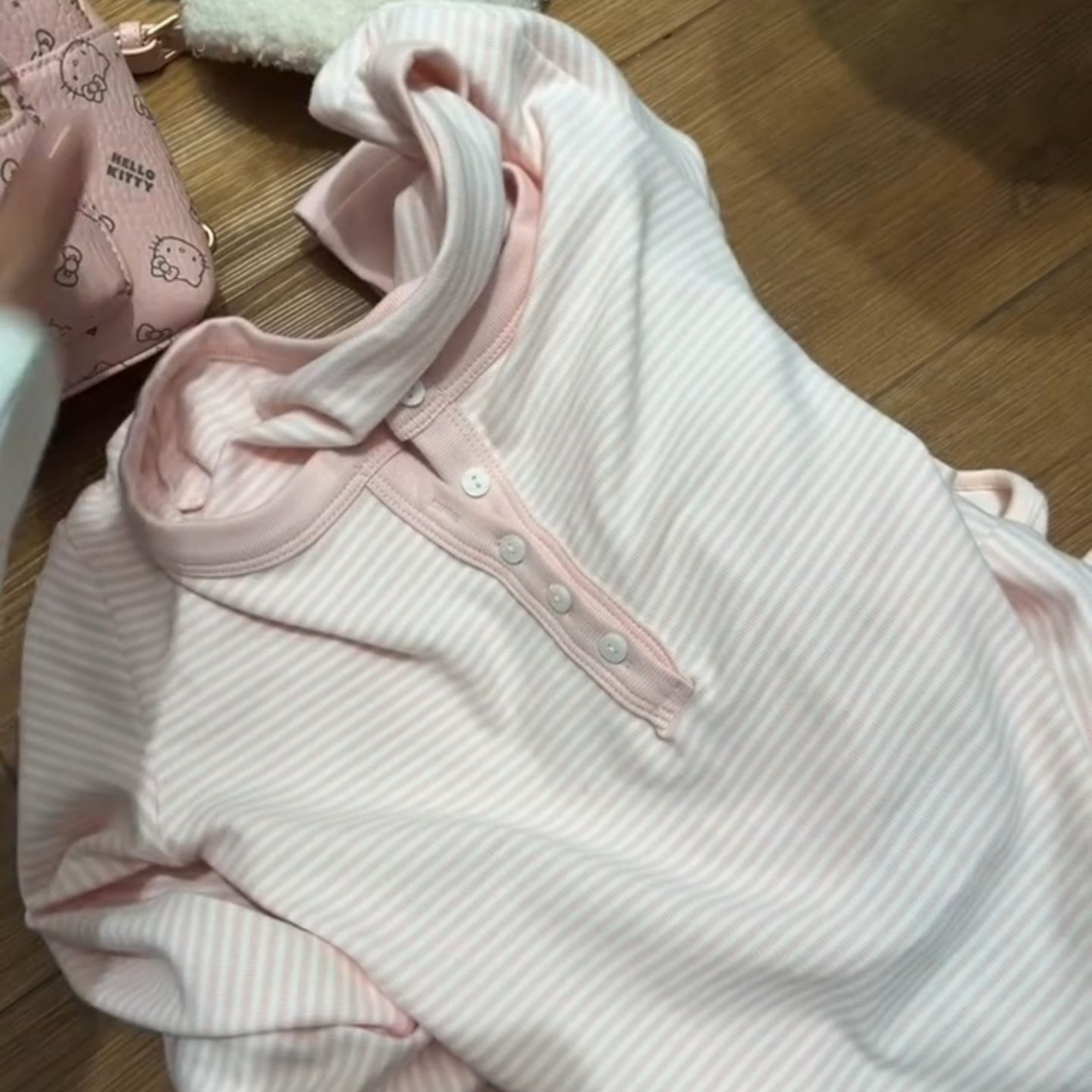 韩系温柔bm风粉色条纹长袖T恤女