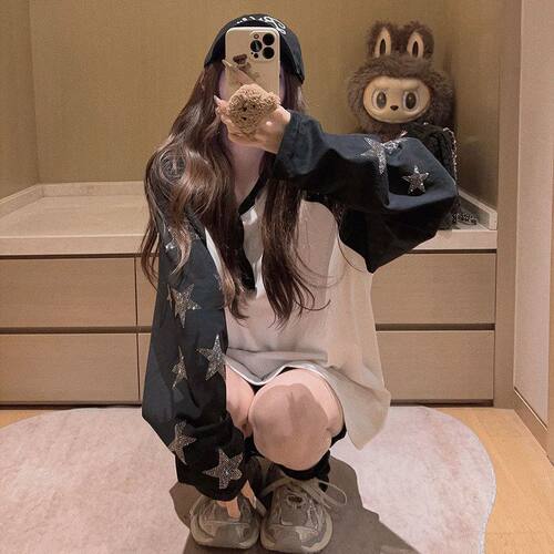 韩系慵懒风长袖撞色T恤上衣女秋