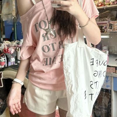 韩系辣妹粉色斜肩短袖t恤女夏季