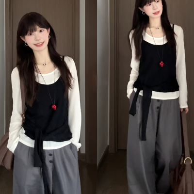 韩系氛围感叠穿两件套长袖t恤女