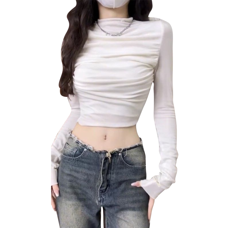 纯欲风辣妹半高领长袖女2023秋季新款修身小众设计感气质短款上衣