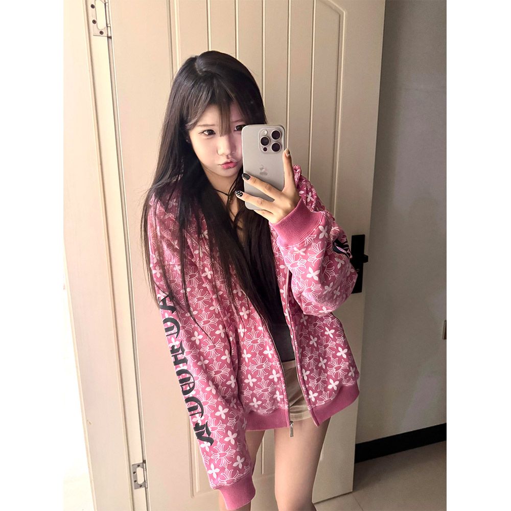 哥特风十字架粉色连帽卫衣女秋冬