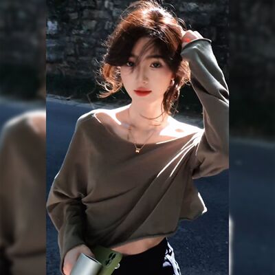 韩系辣妹露肩长袖T恤女装2025