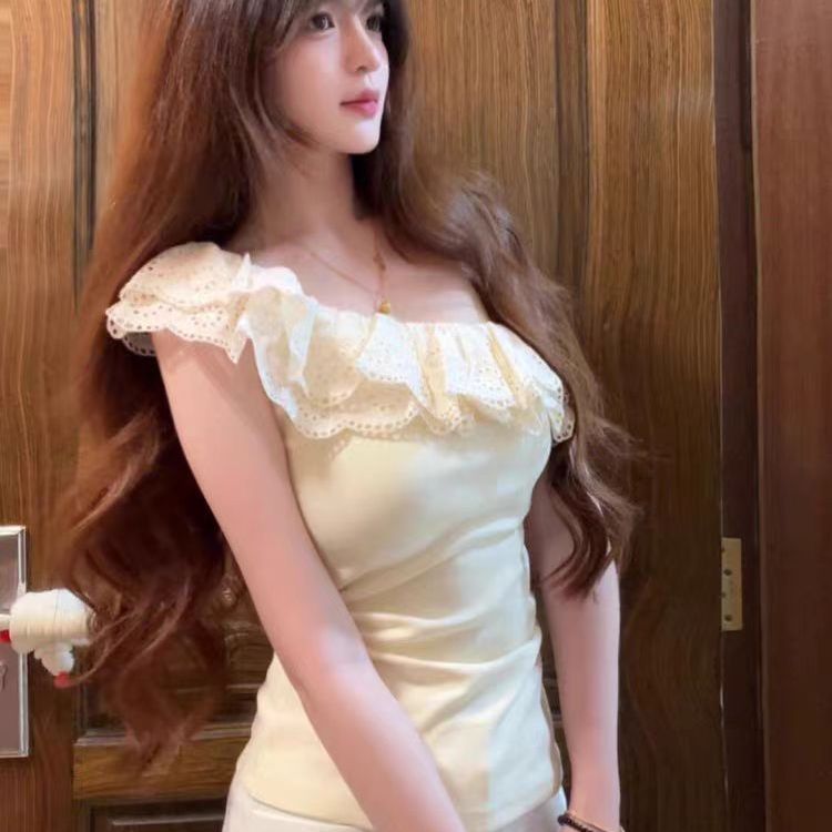 法系复古蕾丝荷叶边斜肩短袖t恤