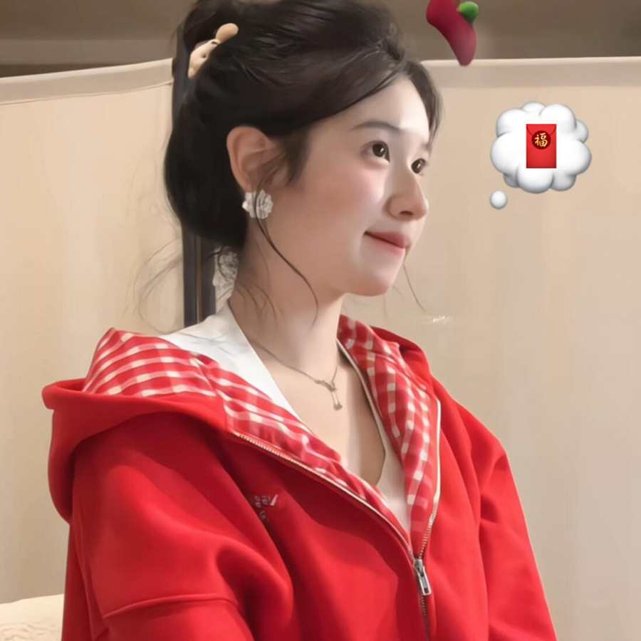 红色格子拉链连帽卫衣外套女春秋2025新款韩系宽松设计感百搭上衣