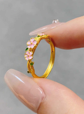 时尚古法色小桃醉桃花戒指女立体