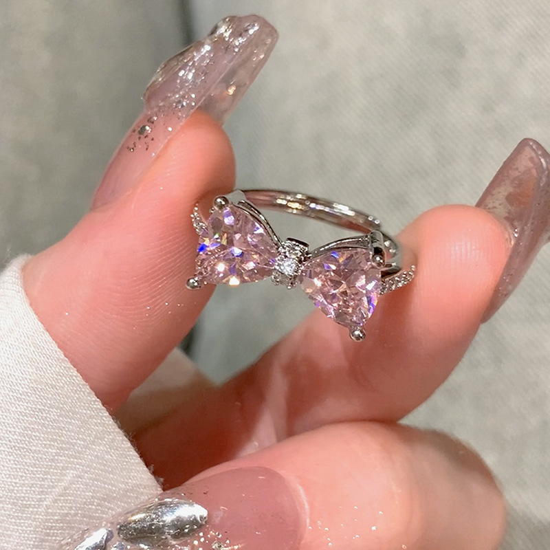 镀S925银粉钻蝴蝶结戒指女简约小众设计锆石素圈戒指开口食指指环