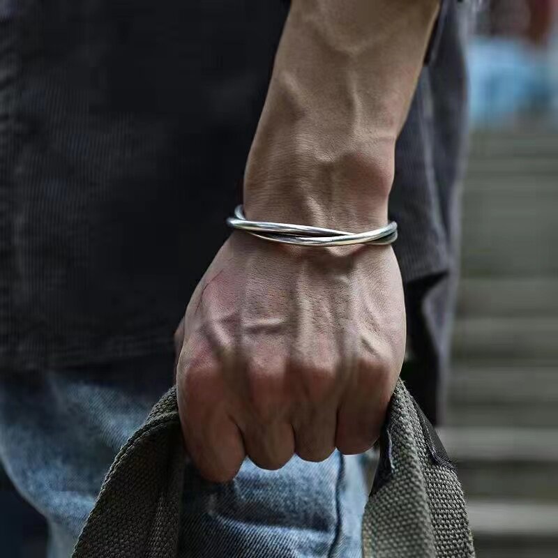 泰国手工扭线手镯男潮复古开口手环原创小众设计男士镀银首饰